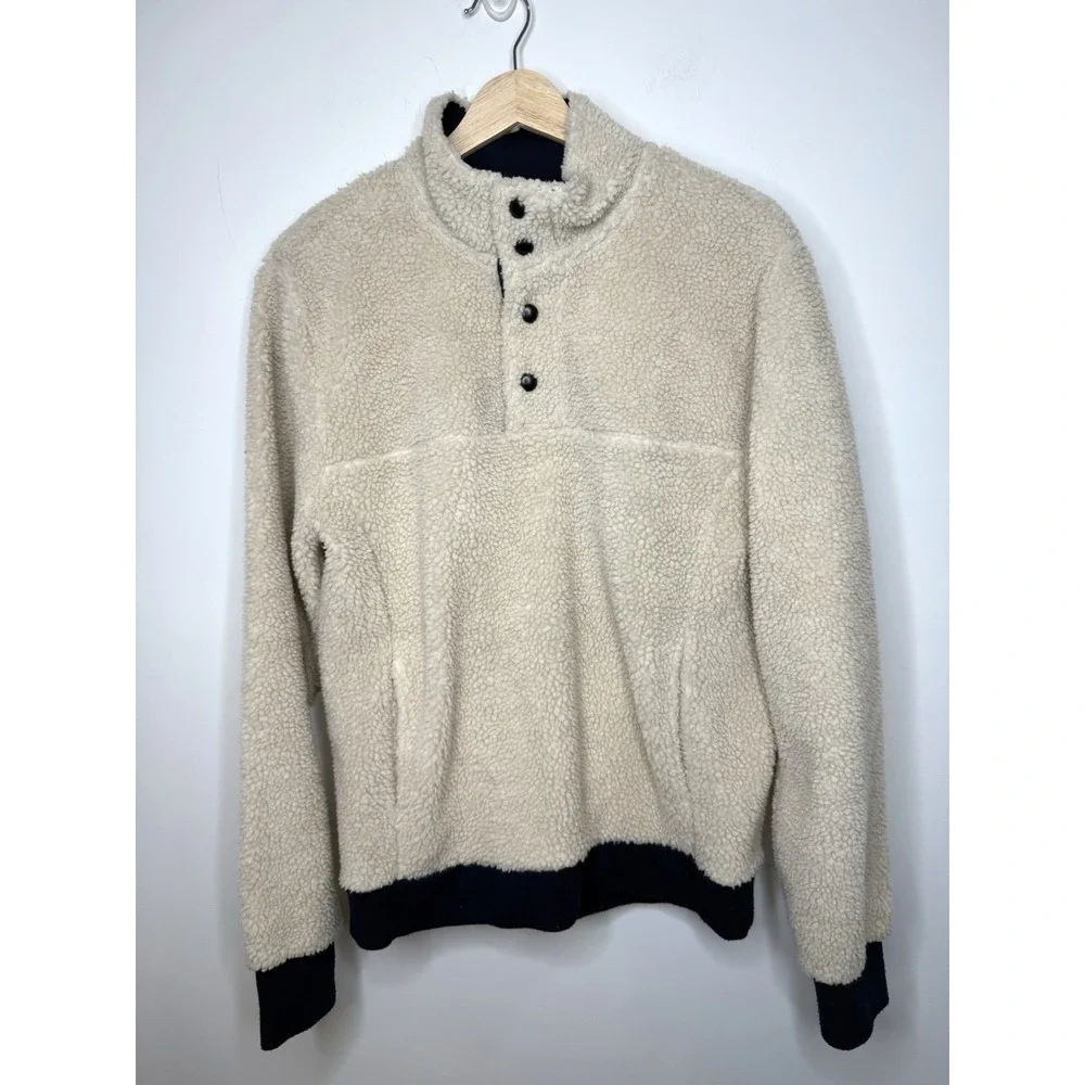 J Crew Authentic Fleece 1/4 Snap Button Pullover Jacket Men Small Cream Faux Fur